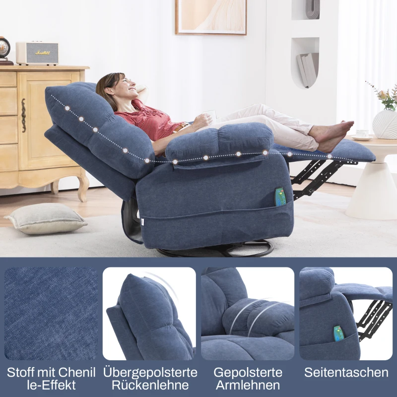 HOMCOM Fauteuil de massage avec Fonction de Chauffage et Allonge, rotatif, jusqu'à 150 kg, structure métallique, 98x90x98cm, Bleu(m-4)