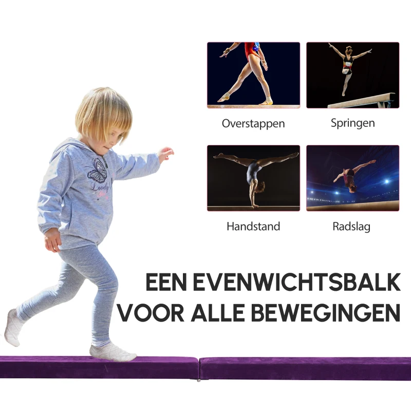 HOMCOM Opvouwbare Evenwichtsbalk, Antislip, Suède Bekleding, Stevig Hout, 210 x 10 x 6,5 cm, Paars