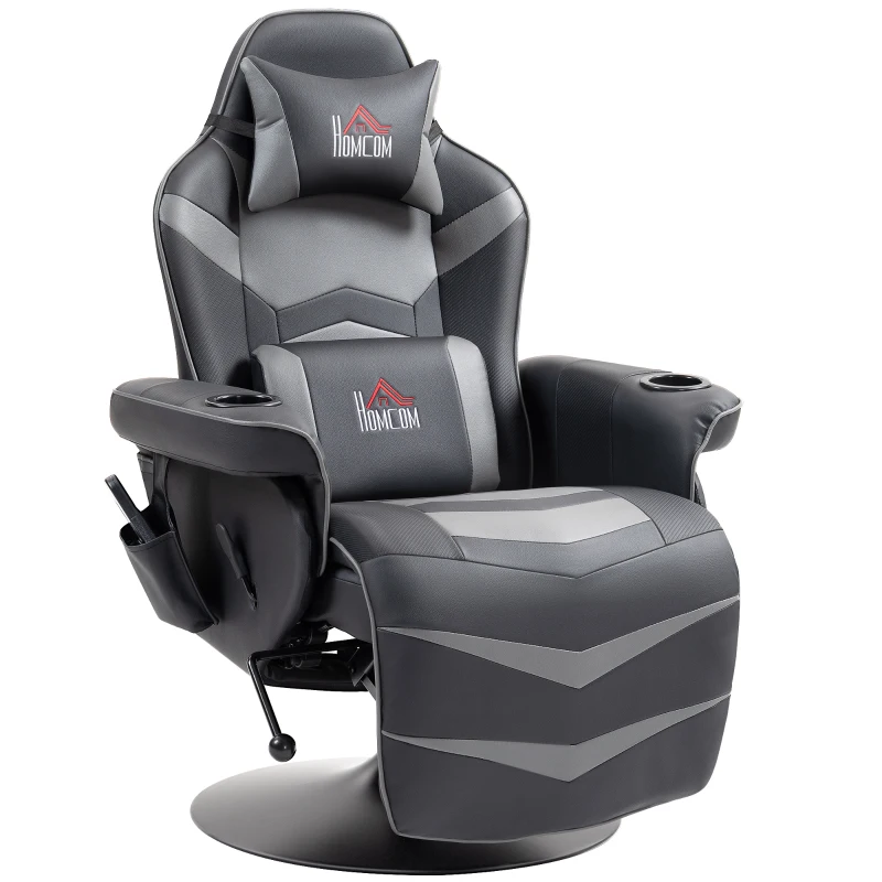HOMCOM Fauteuil Gaming, Fonction Massage, dossier inclinable, repose-pieds, jusqu'à 120 kg, cadre en acier, simili cuir, Gris(m-6)