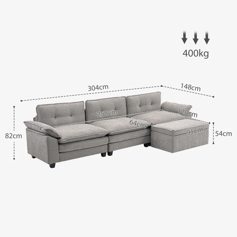 HOMCOM Canapea Colțar Modulară cu 3 locuri, Canapea în formă de L Reversibilă cu Taburet Depozitare, 304x148x82 cm, Gri(m-3)