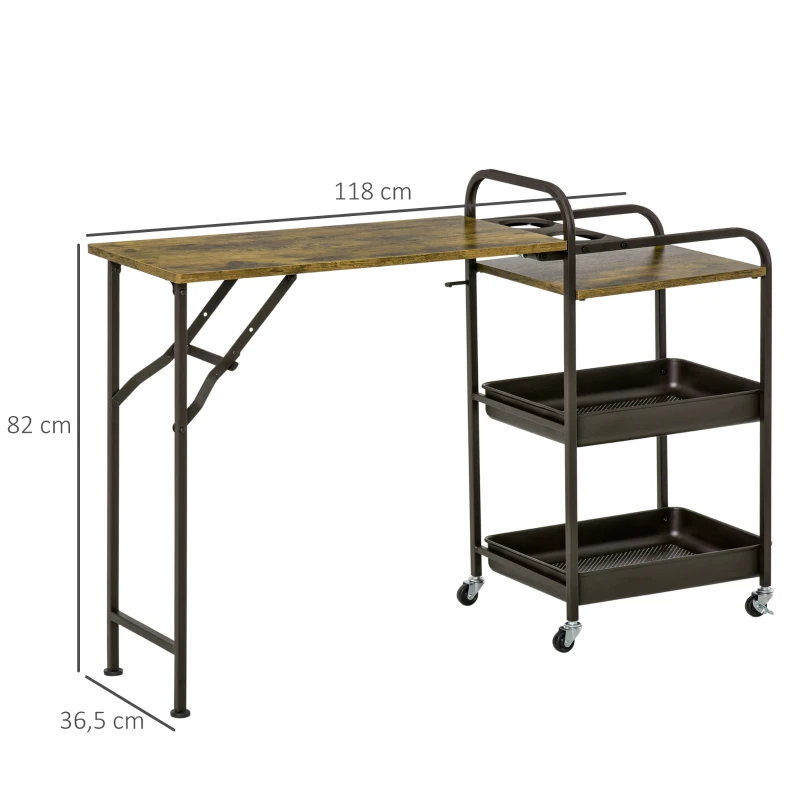 HOMCOM Chariot de Cuisine Chariot de Service avec 1 Table Pliante, 2 Tablettes et 1 Étagère Ouverte Roues Patins de Pied Réglables Panneau de Particules E1 Métal Marron Rustique 118 x 36,5 x 82 cm