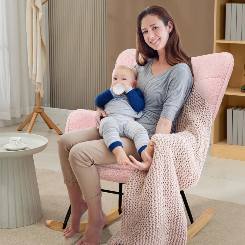 HOMCOM Schommelstoel in retro design, relaxfauteuil, massief hout, roze