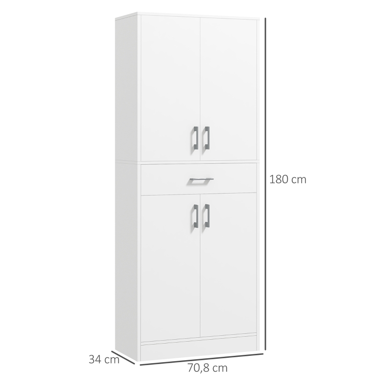 HOMCOM Hoher Küchenschrank 4 Türen 2 Schränke und 1 zentrale Schublade Höhe 180 cm mit 2 verstellbaren Regalen Weiß