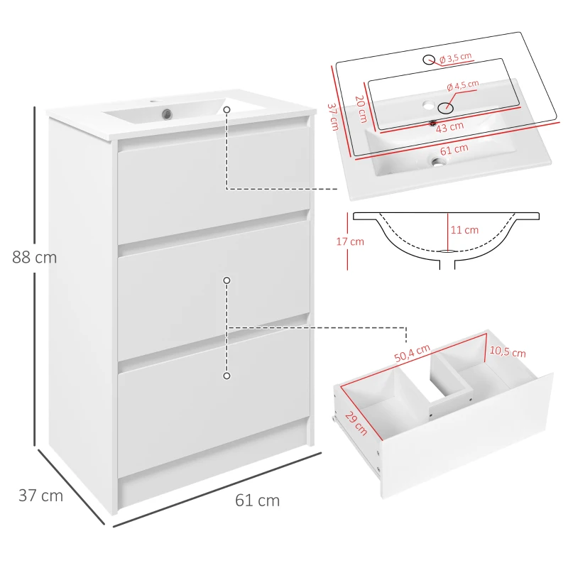kleankin Badezimmerschrank mit 2 Schubladen und synthetischem Keramikwaschbecken, 61 x 37 x 88 cm, glänzendes Weiß lackiert