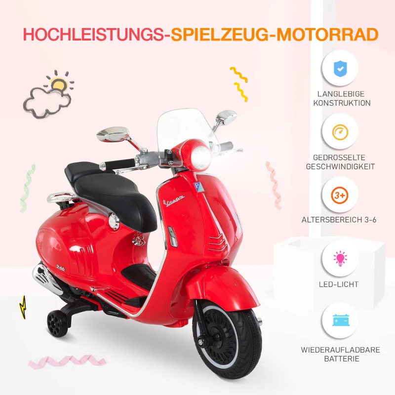 HOMCOM Moto Électrique pour Enfants, Moto pour Enfants 6V avec Phares, Musique, Marche Avant et Arrière, Roues de Formation, Capacité de 30 kg, Moto Électrique pour Enfants de 3 à 6 Ans, Rouge