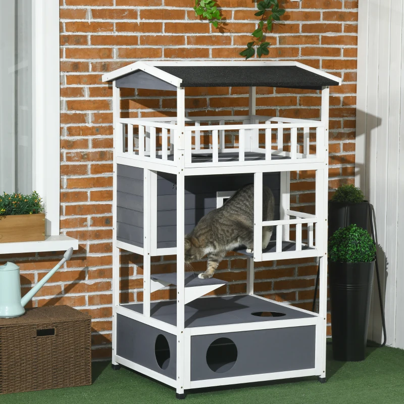 PawHut Maison pour chats en bois de pin avec terrasse, cachette pour chats, 4 étages, villa pour chats avec escalier, toit en asphalte, résistant à l'hiver, maison pour petits animaux, Gris, 75,5 x 75 x 137 cm