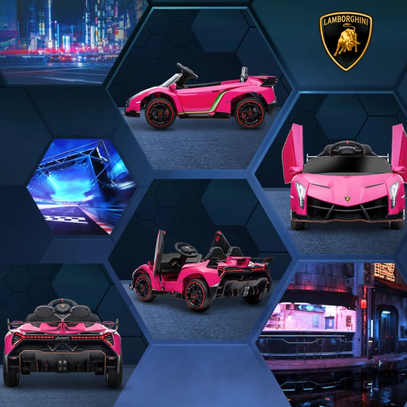 HOMCOM Voiture Électrique pour Enfants, Lamborghini Veneno sous Licence, 3-7 km/h, Portes Papillon, Lecteur Musical, Télécommande, Rose(m-4)