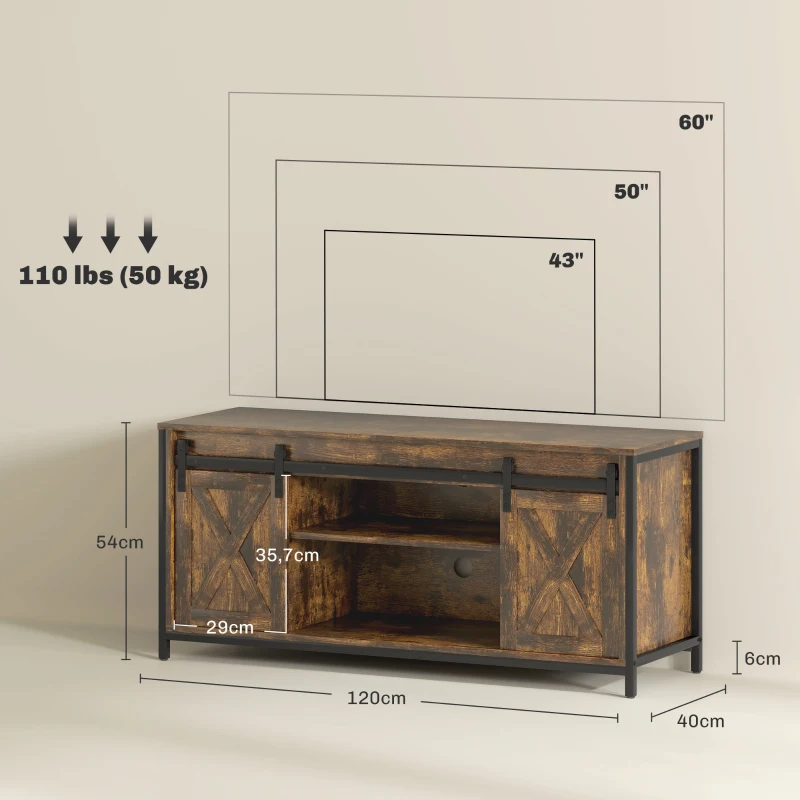 HOMCOM Meuble TV Bas, Design Industriel, pour téléviseurs 60'', 6 Compartiments, 2 Portes Coulissantes, Brun/Noir