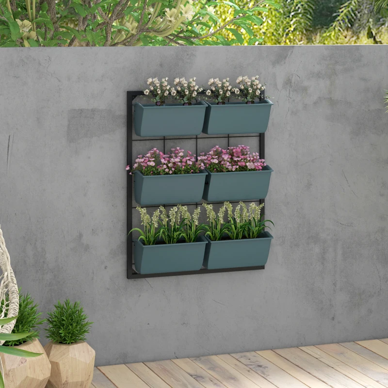 Outsunny Vertikales Blumenregal mit 3 Etagen und 6 Blumentöpfen für Innen- und Außenbereich, für Blumen, Pflanzen, Maße: 52L x 14B x 66H cm