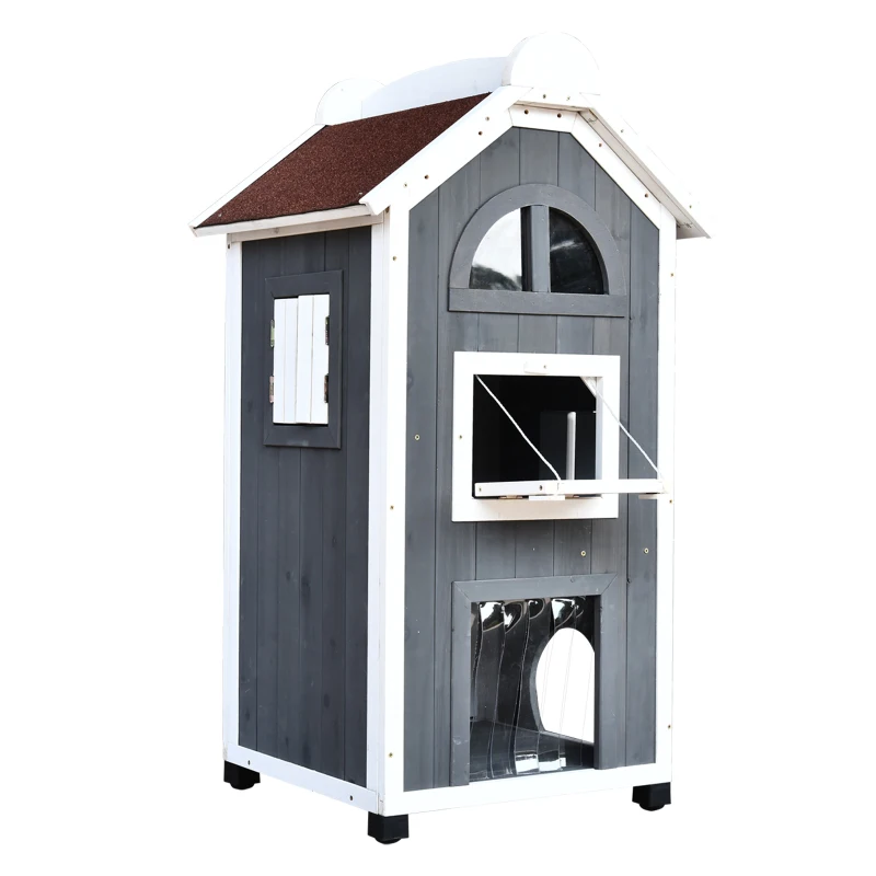 PawHut Maison pour Chats Lit ou Bac à Litière, Armoire pour Chats, Maison de Toilette pour Chats Intérieure, Bois de Sapin, Toit en Asphalte, Gris, 59 x 55 x 109 cm(m-6)