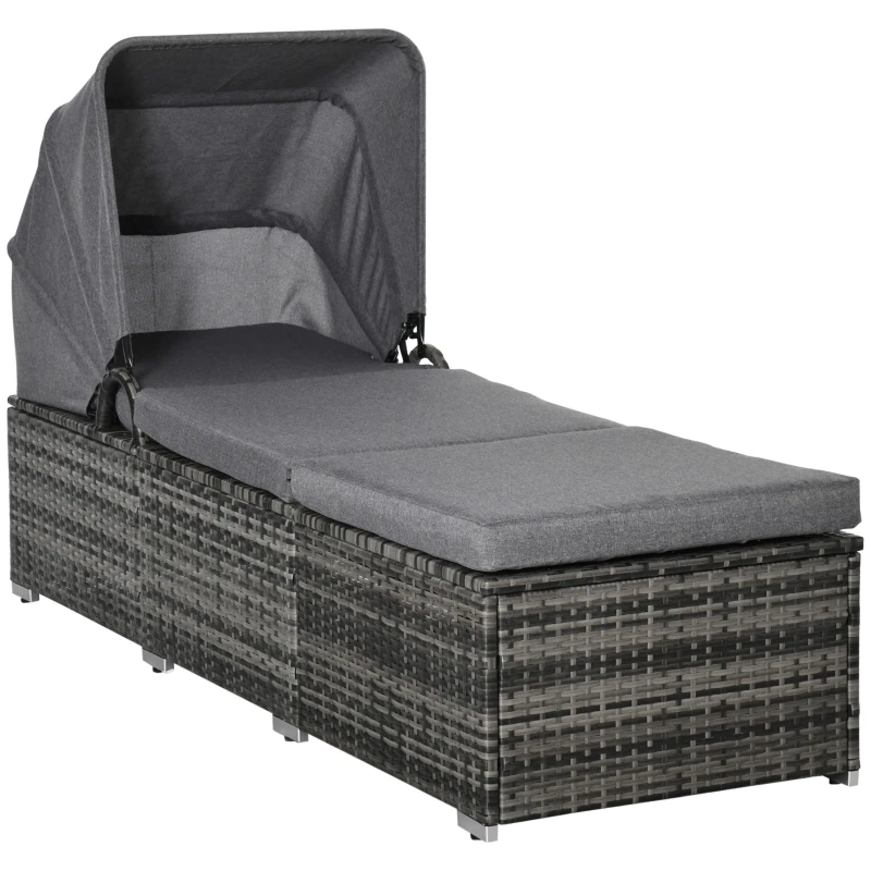 Outsunny Chaise longue en rotin polymère avec auvent Transat de jardin réglable Lit de jardin en rotin Mobilier de jardin avec coussins Gris 195 x 65 x 40 cm