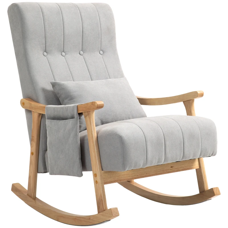 HOMCOM Chaise à Bascule avec Coussin Lombaire, Assise Large, Cadre en Bois de hêtre, jusqu'à 120 kg, Gris
