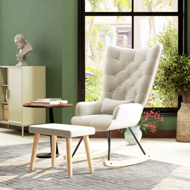 HOMCOM Fauteuil à bascule avec repose-pieds, rembourré, dossier haut, aspect velours, jusqu'à 150 kg, Blanc crème