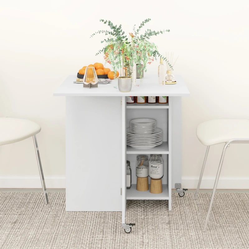 HOMCOM Inklapbare Eettafel voor 2-4 Personen, Opvouwbare Keukentafel met Opbergruimte, Uitschuifbare Tafel op Wielen, Wit(m-8)