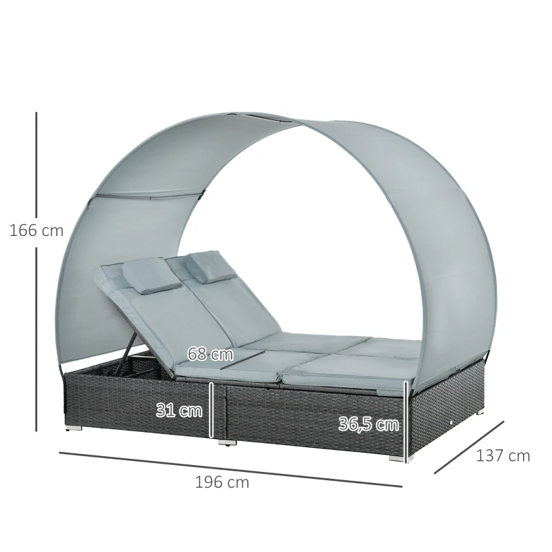 Outsunny Chaise longue double en rotin poly pour 2 personnes avec auvent de soleil Transat de jardin en acier polyester Gris 196 x 137 x 36,5 cm