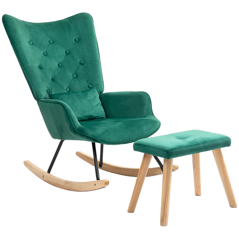 HOMCOM Fauteuil à Bascule avec Repose-Pieds, rembourré, haut dossier, Aspect Velours, jusqu'à 150 kg, Vert