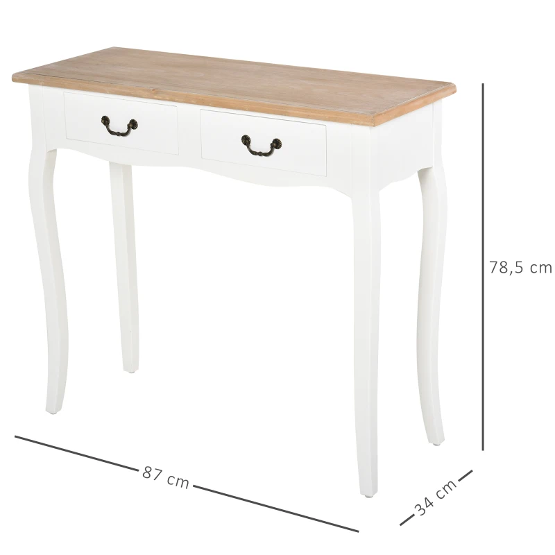 HOMCOM Konsole Eingangstisch Beistelltisch mexikanischer Stil 2 Schubladen Maße 87L x 34B x 78H cm MDF Massivholz Kiefer Hell Weiß