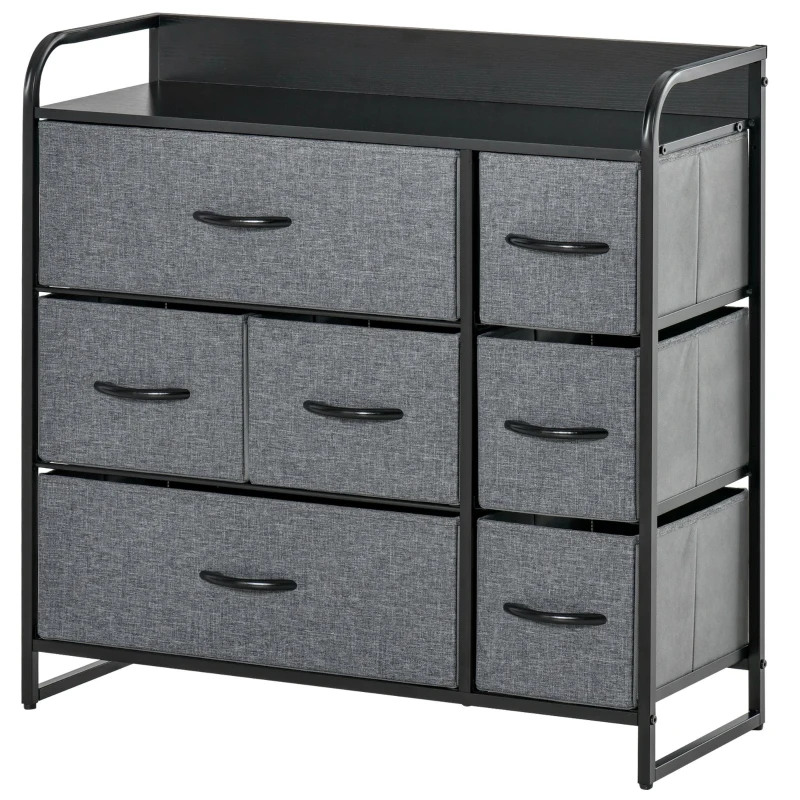 HOMCOM Kommode 7 Schubladen Aufbewahrungsmöbel Stoffschubladen Faltbarer - schwarzes Stahlgestell - 80L x 29B x 78,5H cm, Schwarz und Grau