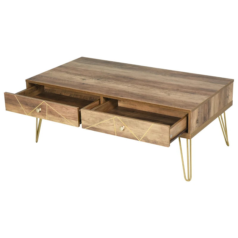 HOMCOM Couchtisch aus Holz Wohnzimmertisch Große Tischplatte und 2 Schubladen Luxuriöses Design Elegante Dekoration mit Handgemalten Goldenen Linien 110L x 59B x 42H cm Braun