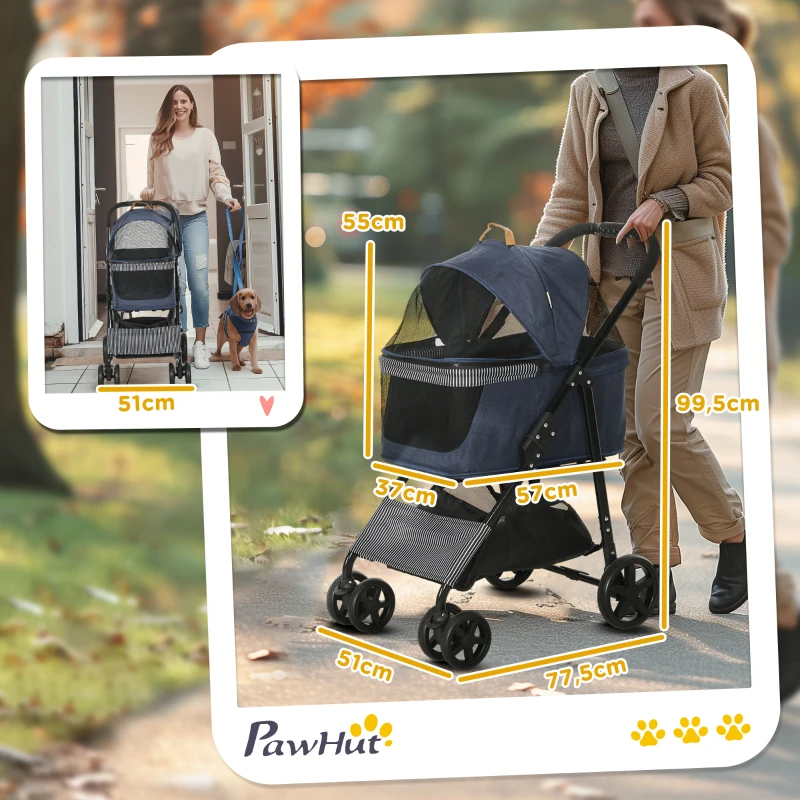PawHut Chariot pour Chiens 2-en-1, Sac de Transport Amovible, Cadre Métallique Pliable, 77,5 x 51 x 99,5 cm, Bleu foncé + Noir
