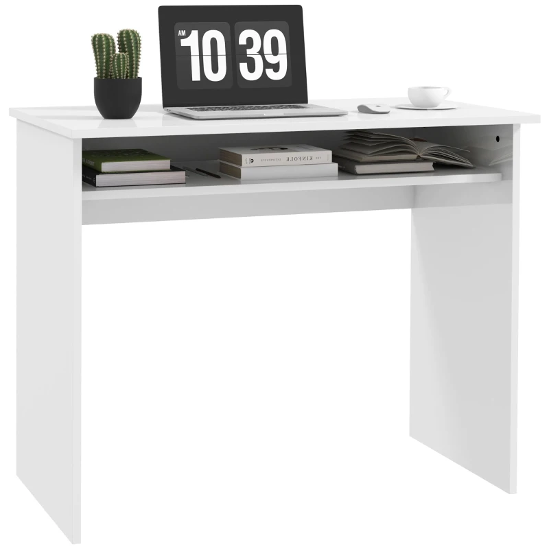 HOMCOM Schlichter und kompakter Computertisch mit 1 Regal, Spanplatten, Maße 90l x 50B x 74H cm, Lackweiß