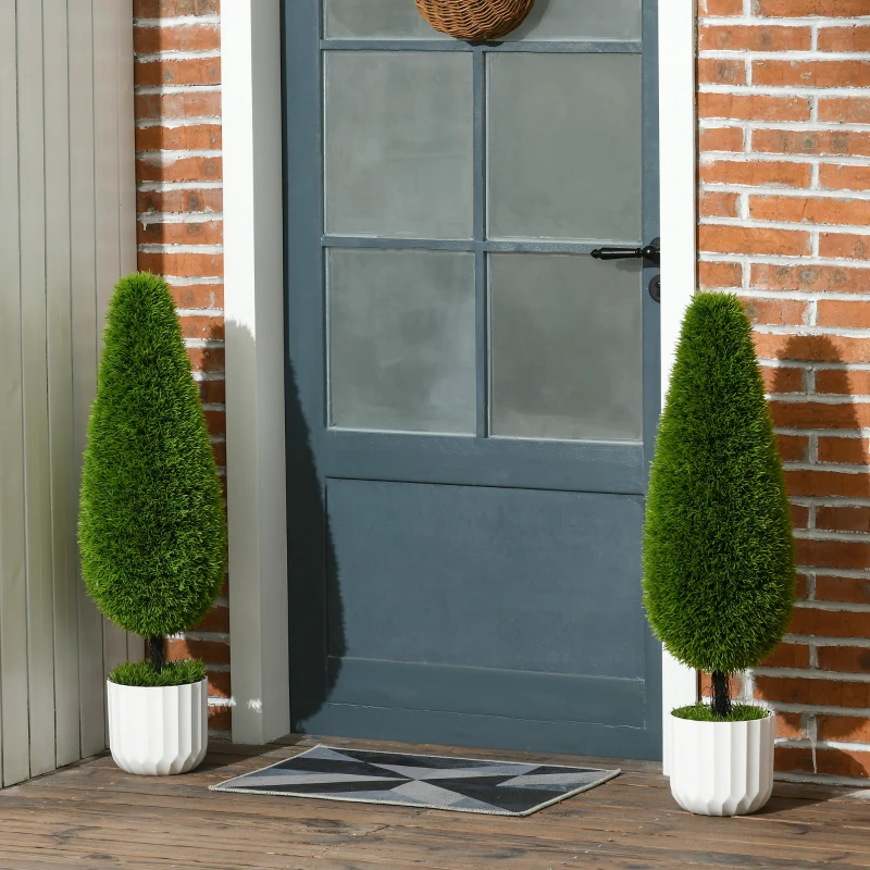 HOMCOM Ensemble de 2 Plantes Artificielles avec Pot et Mousse Artificielle; Cyprès Artificiel, Blanc + Vert