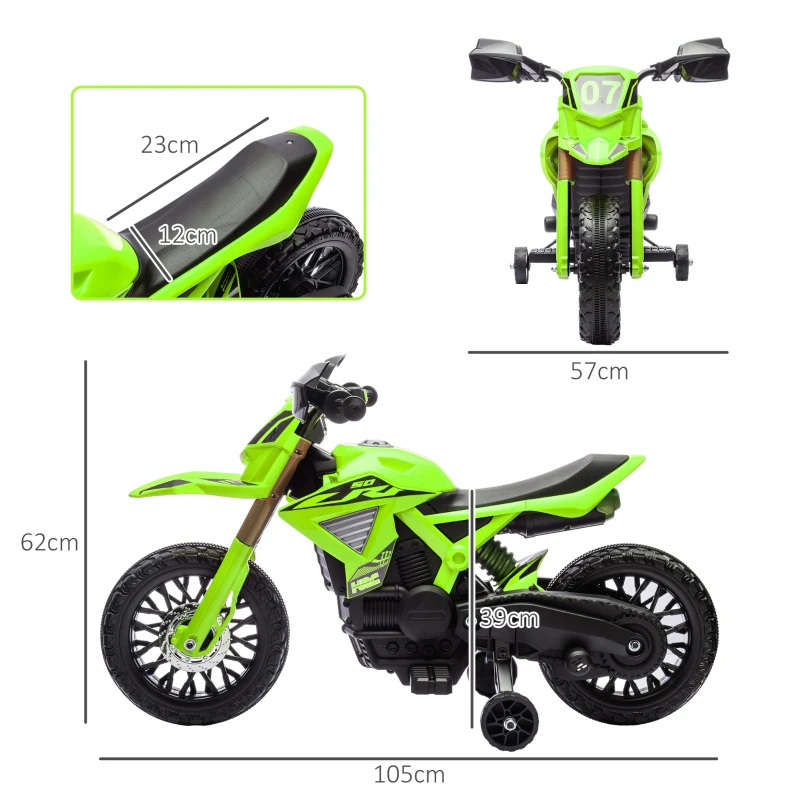 AIYAPLAY Moto cross électrique pour enfants 3-8 ans, batterie 6 V, 2 moteurs, klaxon et roues d'entraînement, charge 30KG, vert(m-3)
