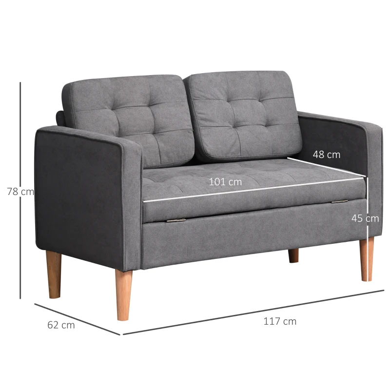 HOMCOM Canapé 2 Places, Canapé avec Rangement, Pieds en Bois, Canapé Rembourré en Imitation Velours pour Salon, Chambre à Coucher, 117 x 62 x 78 cm, Gris