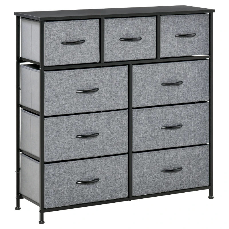HOMCOM Kommode 9 Schubladen Aufbewahrungsmöbel faltbare Stoffschubladen - schwarze Stahlstruktur - 100 x 30 x 100 cm, Schwarz und Grau