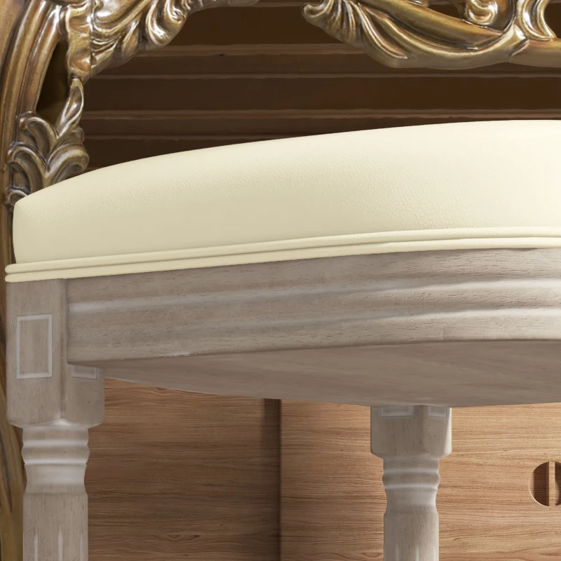 HOMCOM Set aus 2 Esszimmerstühlen im Medaillon-Stil von Louis XVI, massives patiniertes Holz, Sitzfläche mit Synthetikbezug in Creme