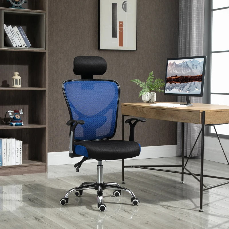 Vinsetto Ergonomischer Bürostuhl Drehstuhl mit Kopfstütze Neigbare Rückenlehne Höhenverstellbarer Mesh-Bezug 62 x 67 x 118 cm Schwarz und Blau