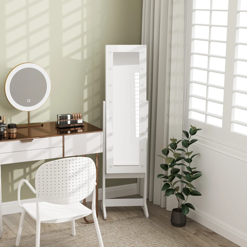 HOMCOM Guarda-Joias de Pé, com Espelho, Armário para Joias 16 Luzes LED Reclinável  36x30x136cm Branco
