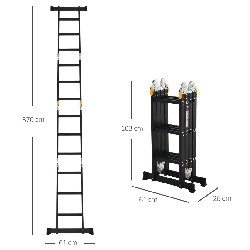 HOMCOM Aluminium Klappleiter Multifunktionsleiter 5 Positionen 3,7 m 12 Stufen Zertifizierung NF EN131 max. 150 kg schwarz