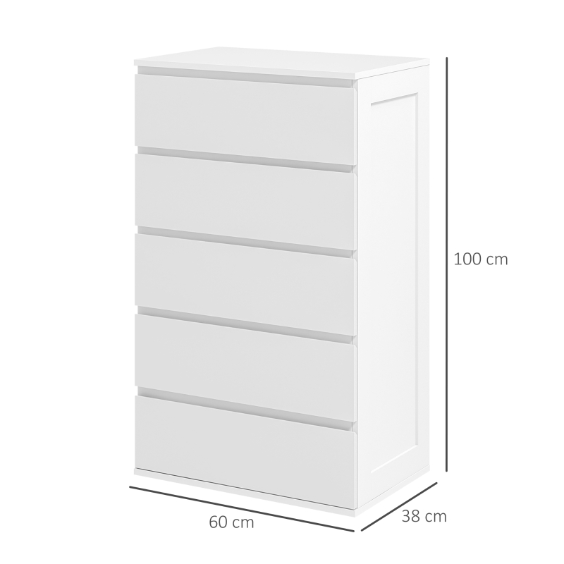 HOMCOM Kommode 5 Schubladen Aufbewahrungsmeubel griffloses Design minimalistisch 60 x 38 x 100 cm Weiß