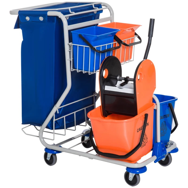 HOMCOM Chariot de Nettoyage 4 Seaux avec Presse à Balai et Roulettes Bleu Orange 93 x 80 x 97 cm