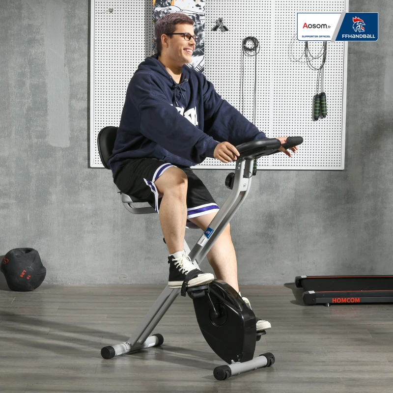 Faltbares Heimtrainer-Fahrrad - Zusammenarbeit Aosom.fr x FFHandball - 8 Stufen magnetischer Widerstand, verstellbare Sattelrückenlehne, Grau