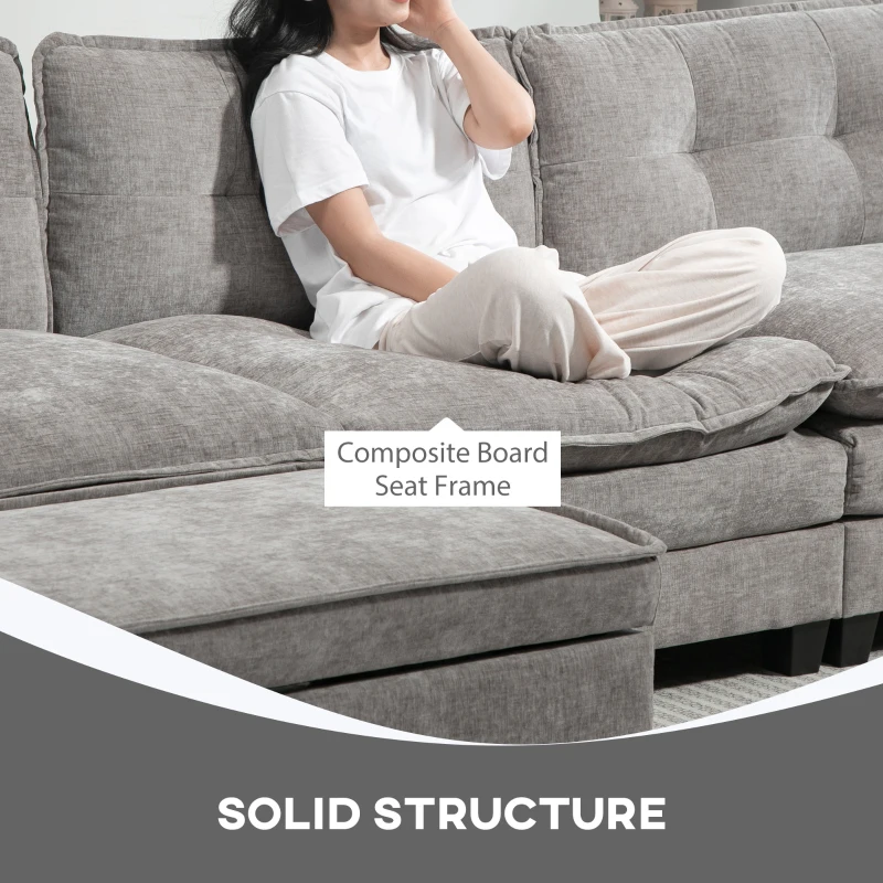 HOMCOM Canapea Colțar Modulară cu 3 locuri, Canapea în formă de L Reversibilă cu Taburet Depozitare, 304x148x82 cm, Gri(m-8)