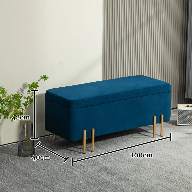 HOMCOM Banc de lit, Banc rembourré avec espace de rangement, Métal, Bois de caoutchouc, Mousse, 100 x 40 x 42 cm, Bleu foncé