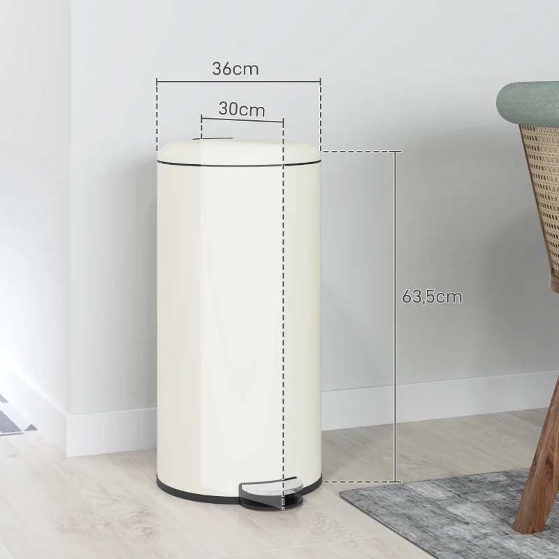 HOMCOM Poubelle 30L, poubelle à pédale, couvercle verrouillable, pédale, résistant aux taches, Blanc crème
