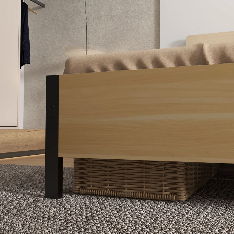 HOMCOM Doppelbettgestell aus Stahl mit Lattenrost und Kopfteil für Matratze 140 x 190 cm in dunkler Holzoptik