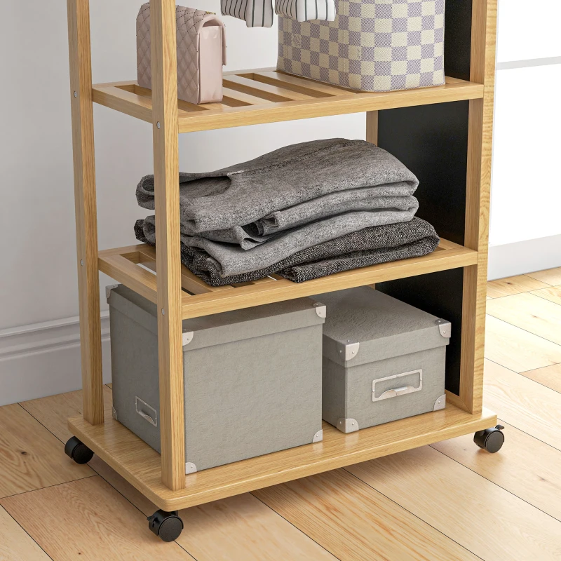 HOMCOM Standspiegel mit Rollen und mehreren Aufbewahrungsmöglichkeiten, 1 Kleiderstange, 3 untere Regale für Schlafzimmer Eingangsbereich, aus Holz