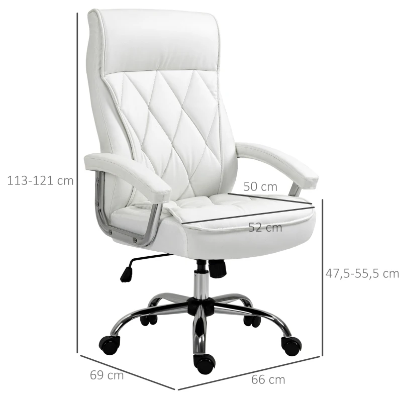 Vinsetto Chaise de Bureau Chaise de Direction Fauteuil de Bureau Chaise Pivotante Ergonomique avec Fonction Basculement Réglable en Hauteur Motif Losanges Moderne Elégant Luxueux Similicuir Métal Mousse Blanc 66x69x121 cm