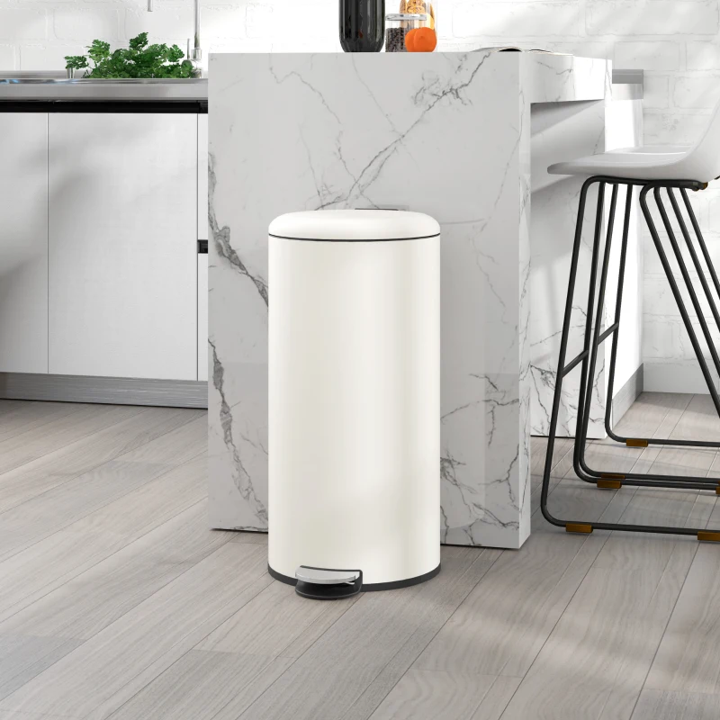 HOMCOM Poubelle 30L, poubelle à pédale, couvercle verrouillable, pédale, résistant aux taches, Blanc crème
