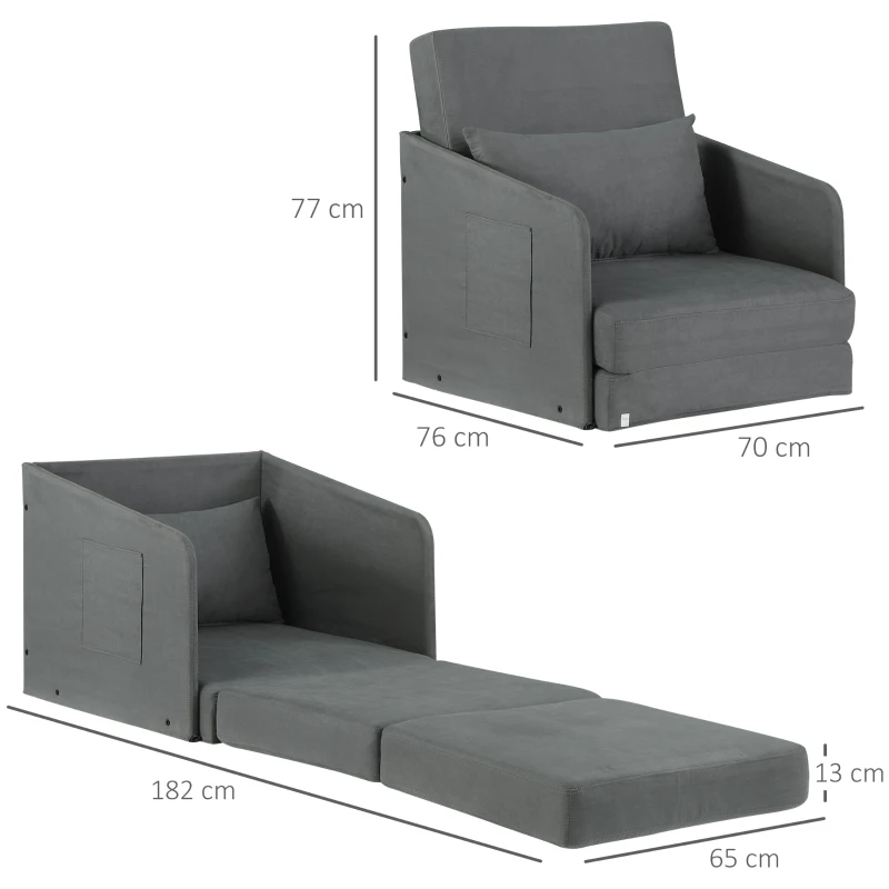 HOMCOM Canapé-lit Lit d'Appoint Fauteuil Lavable avec Housse 2 Poches Latérales Coussin Métal Gris 70 x 76 x 77 cm