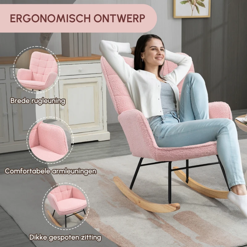 HOMCOM Schommelstoel in retro design, relaxfauteuil, massief hout, roze