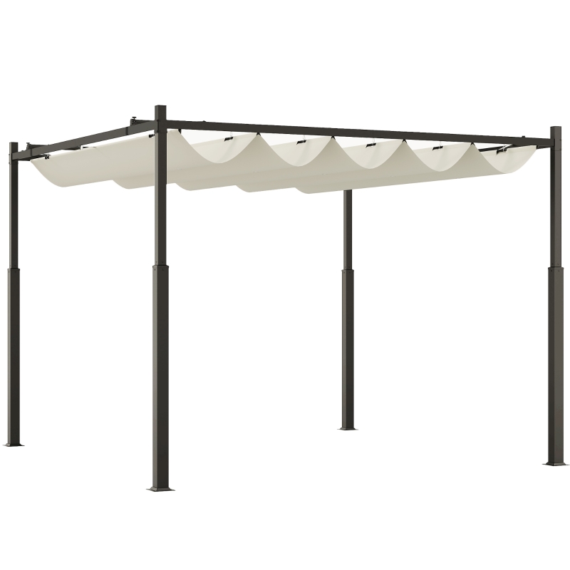 Outsunny Tuin Pergola, 3 x 3 m, Uitschuifbaar Dak en Magneetpad, Buiten Luifel, Tuinpaviljoen, UPF30+, Metaal, Crèmewit