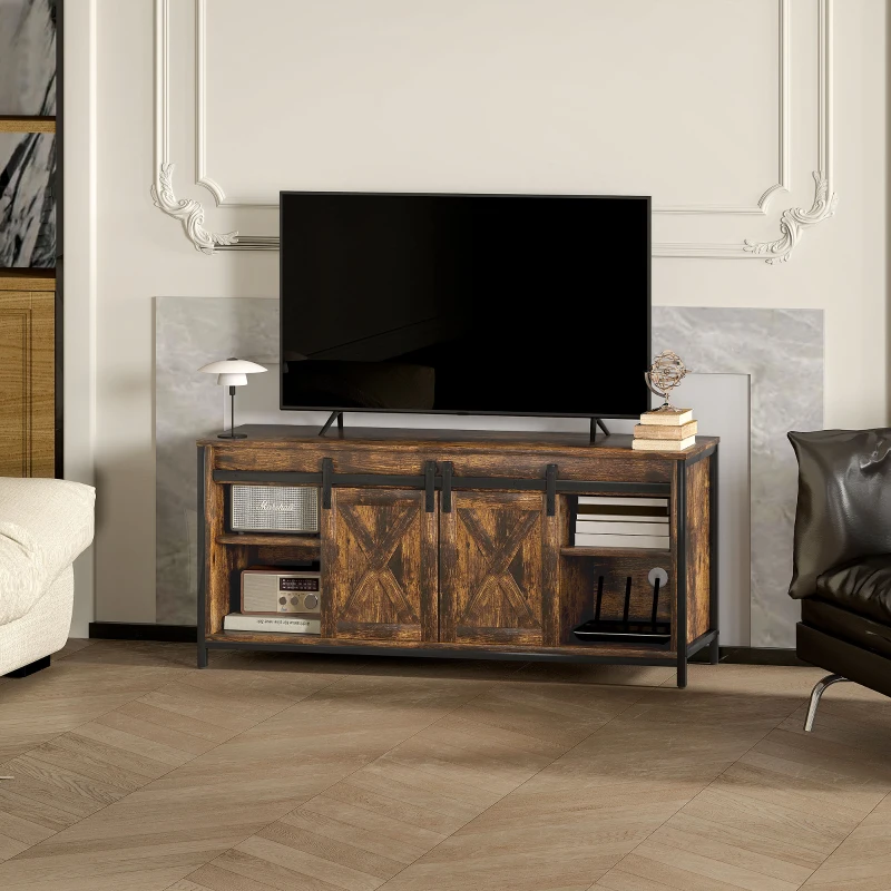HOMCOM Meuble TV Bas, Design Industriel, pour téléviseurs 60'', 6 Compartiments, 2 Portes Coulissantes, Brun/Noir