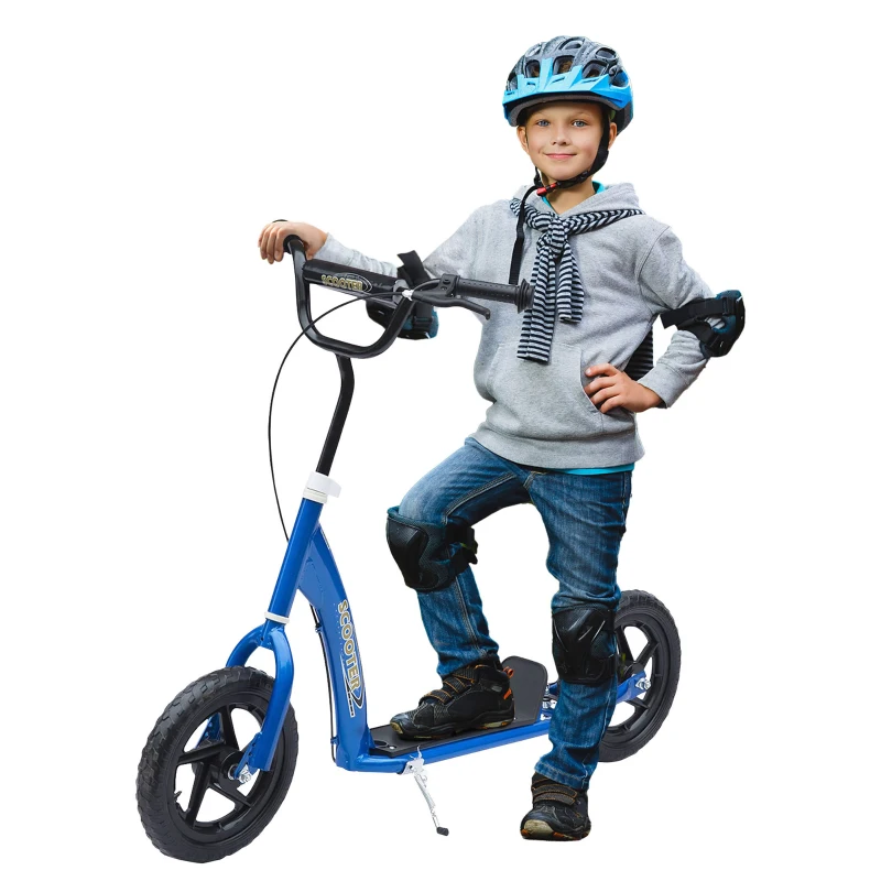HOMCOM Trotinete para Crianças acima de 5 anos Scooter de 2 Rodas Grandes de 12 Polegadas com Freio e Guidão Ajustável em Altura Carga Máx. 100kg 120x52x80-88cm Azul
