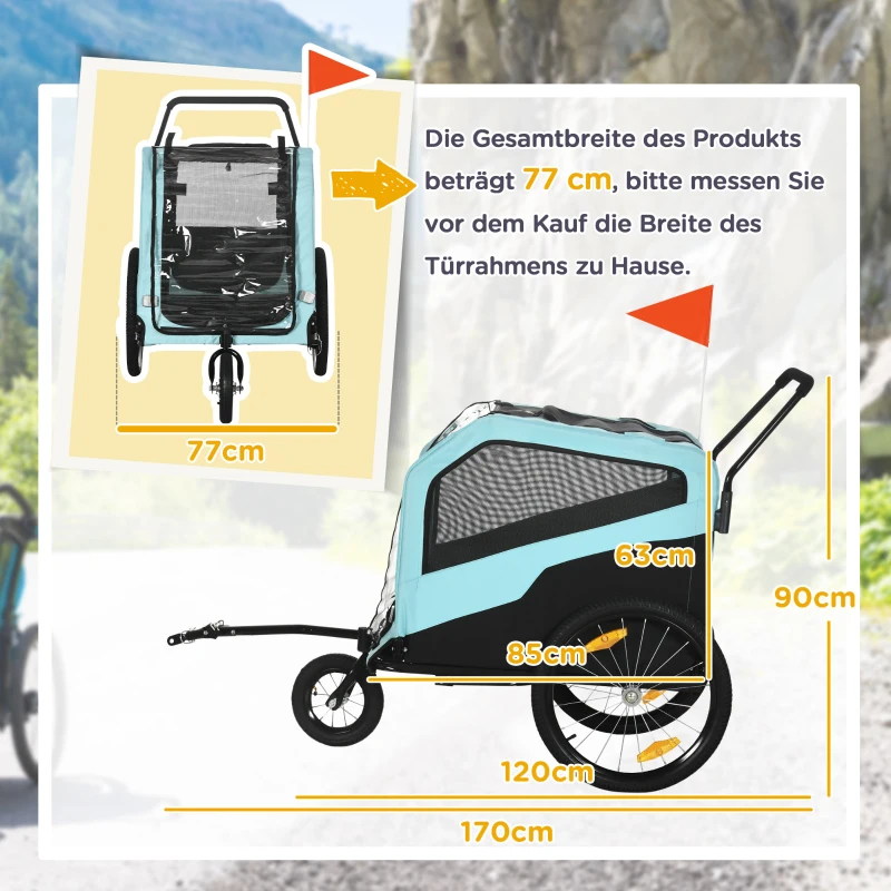 PawHut Remorque à Chien 2 en 1, Fonction Poussette, 2 Entrées, Fenêtres en Filet, Protection Solaire, Cadre en Acier, bleu clair, 170 x 77 x 90 cm