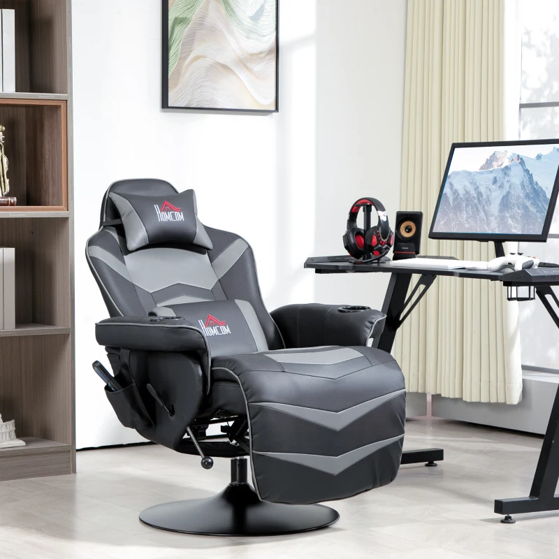 HOMCOM Fauteuil Gaming, Fonction Massage, dossier inclinable, repose-pieds, jusqu'à 120 kg, cadre en acier, simili cuir, Gris(m-2)